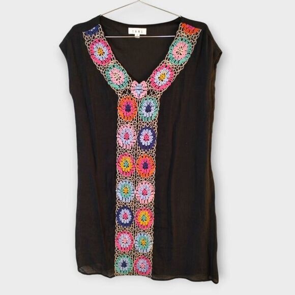 THML Womens Coverup Sz Small Black Colorul‎ Embroidered VNeck Pullover Swimwear - Picture 1 of 11